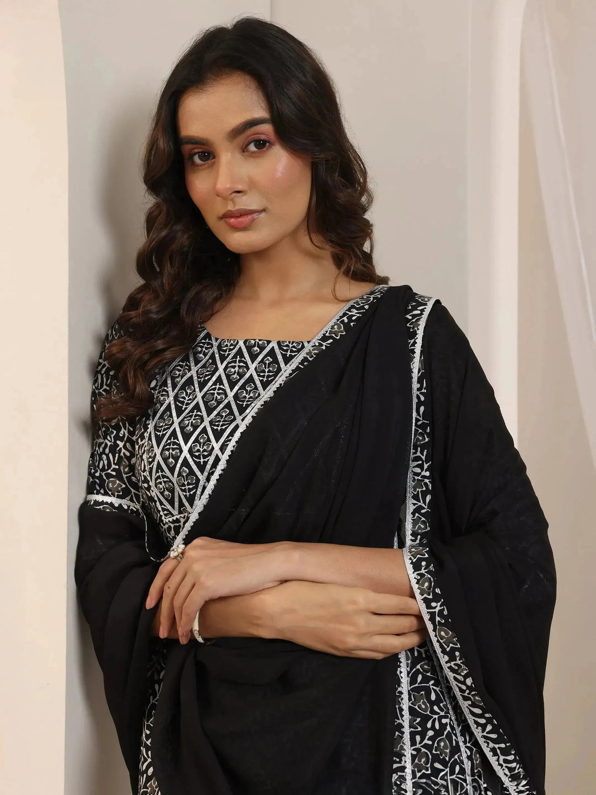 Libas Black Floral Printed Cotton Anarkali Suit Set With Dupatta