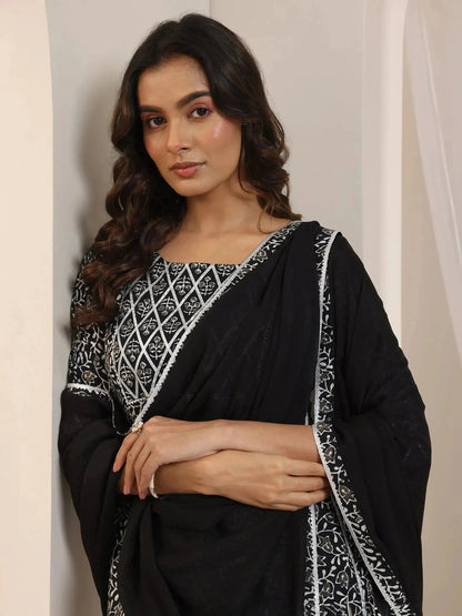 Libas Black Floral Printed Cotton Anarkali Suit Set With Dupatta