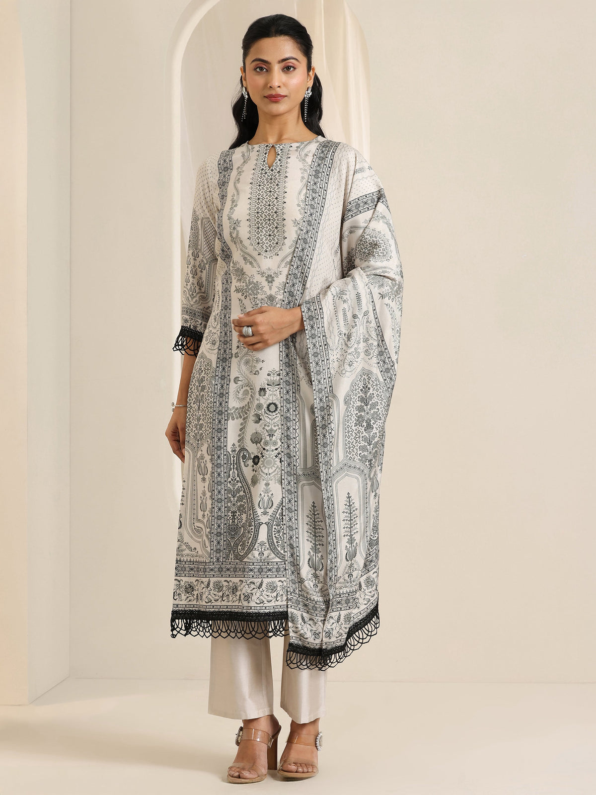 Libas Black Floral Printed Silk Blend Straight Suit Set With Dupatta