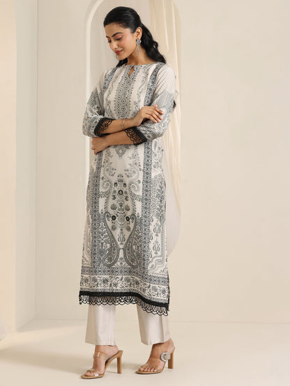 Libas Black Floral Printed Silk Blend Straight Suit Set With Dupatta