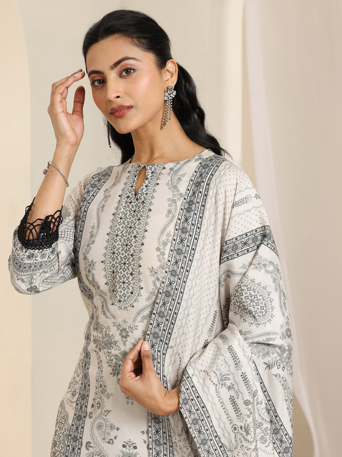 Libas Black Floral Printed Silk Blend Straight Suit Set With Dupatta