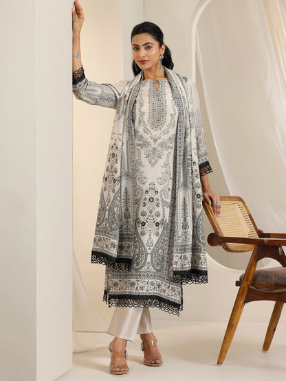 Libas Black Floral Printed Silk Blend Straight Suit Set With Dupatta