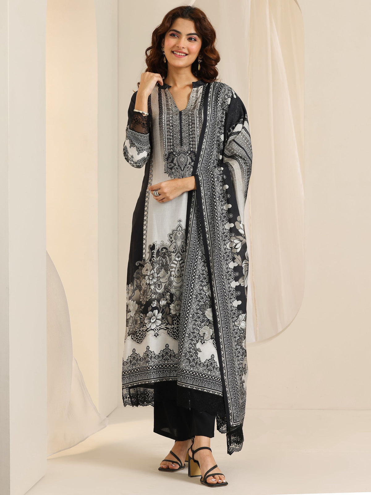 Libas Black Floral Printed Cotton Blend Straight Suit Set With Dupatta