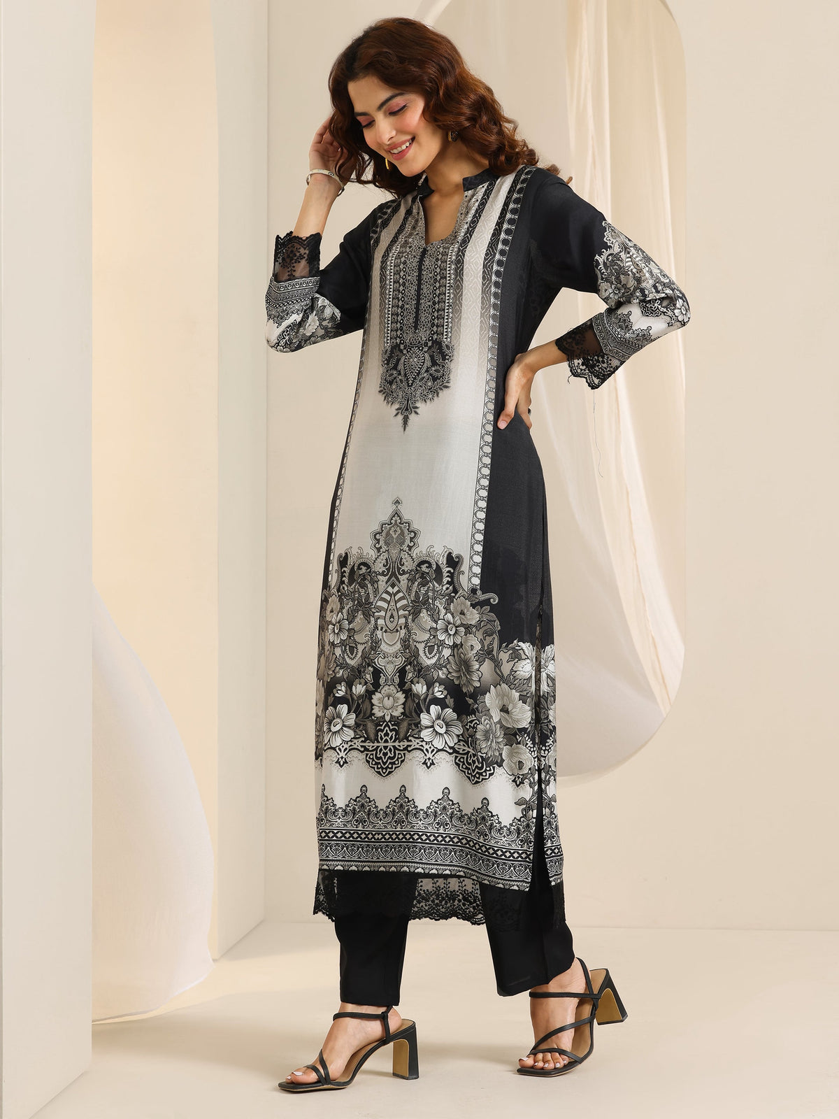 Libas Black Floral Printed Cotton Blend Straight Suit Set With Dupatta