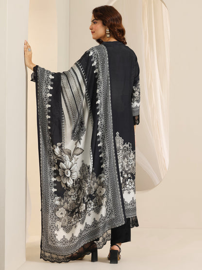 Libas Black Floral Printed Cotton Blend Straight Suit Set With Dupatta