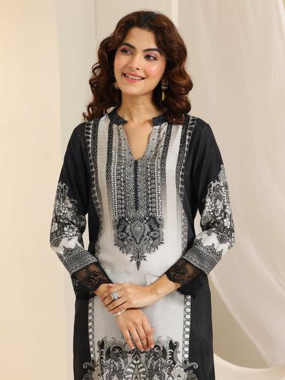 Libas Black Floral Printed Cotton Blend Straight Suit Set With Dupatta