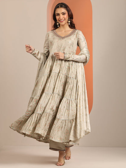 Libas Grey Floral Printed Silk Blend Anarkali Suit Set With Dupatta