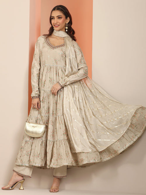 Libas Grey Floral Printed Silk Blend Anarkali Suit Set With Dupatta