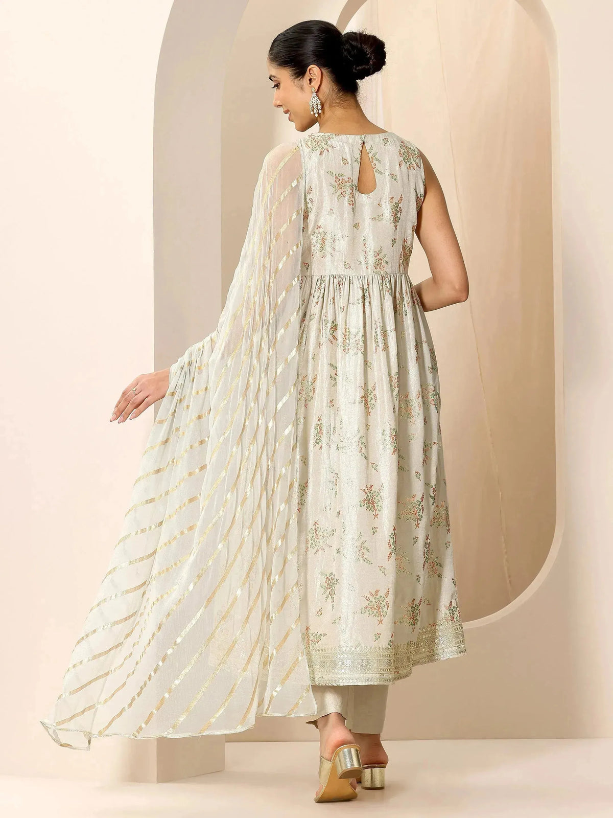Libas Grey Floral Printed Silk Blend Flared Suit Set With Dupatta
