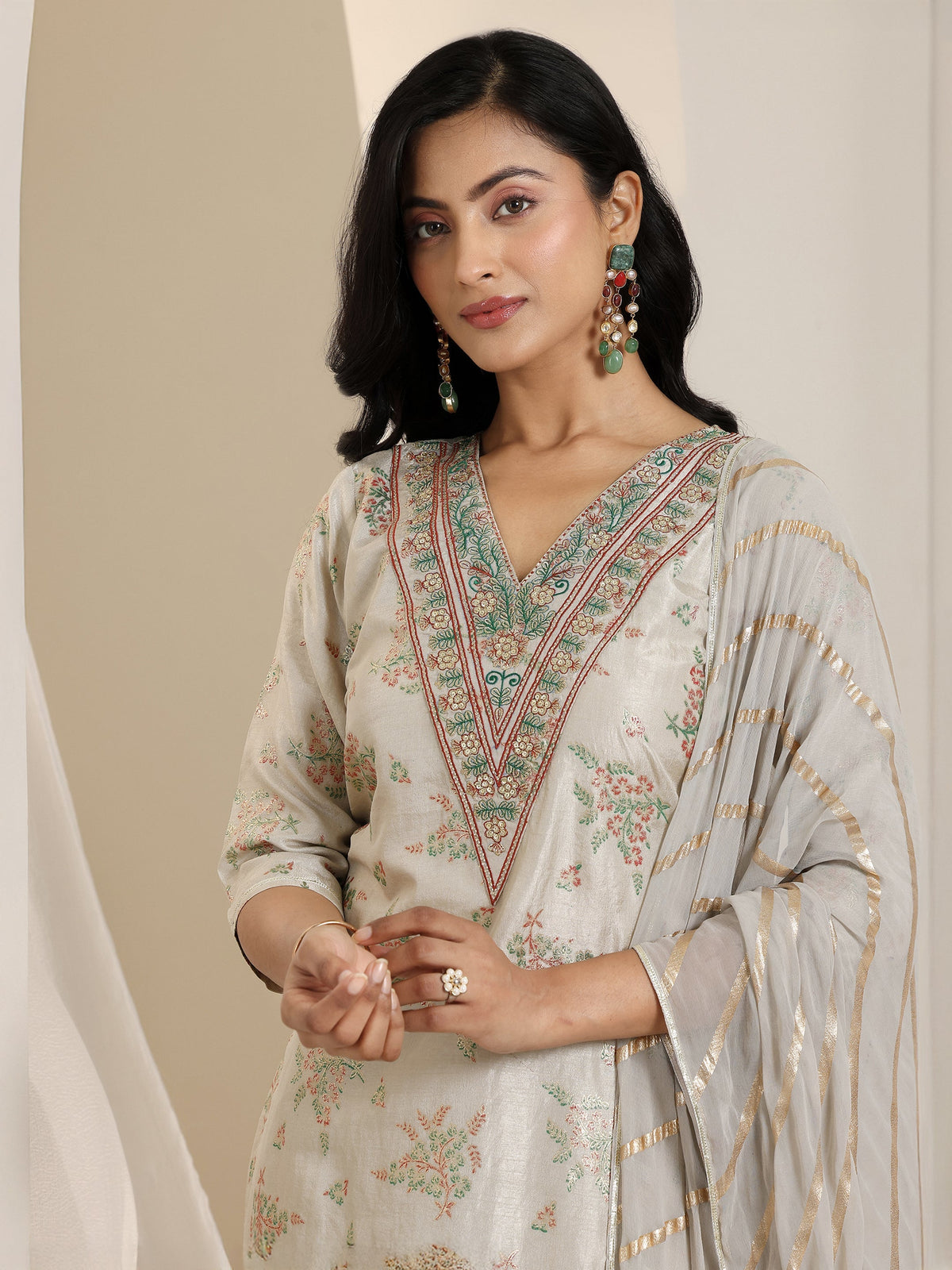 Libas Grey Printed Silk Blend Straight Suit Set With Dupatta