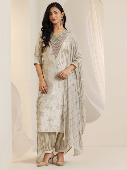 Libas Grey Printed Silk Blend Straight Suit Set With Dupatta