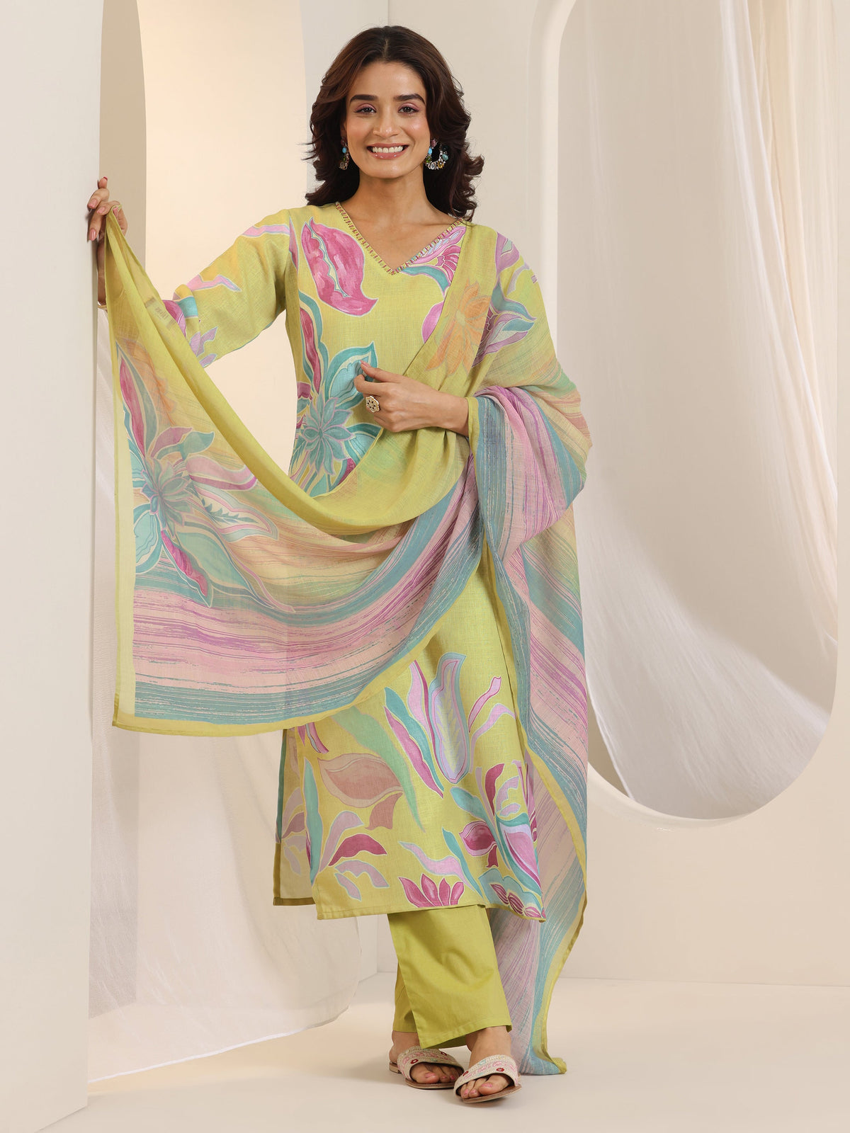 Libas Multi Printed Cotton Blend Straight Suit Set With Dupatta