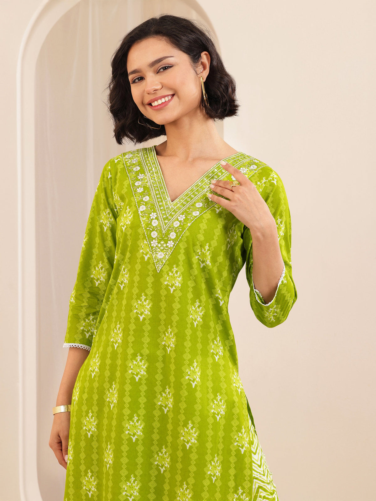 Libas Green Printed Cotton Straight Suit Set With Dupatta