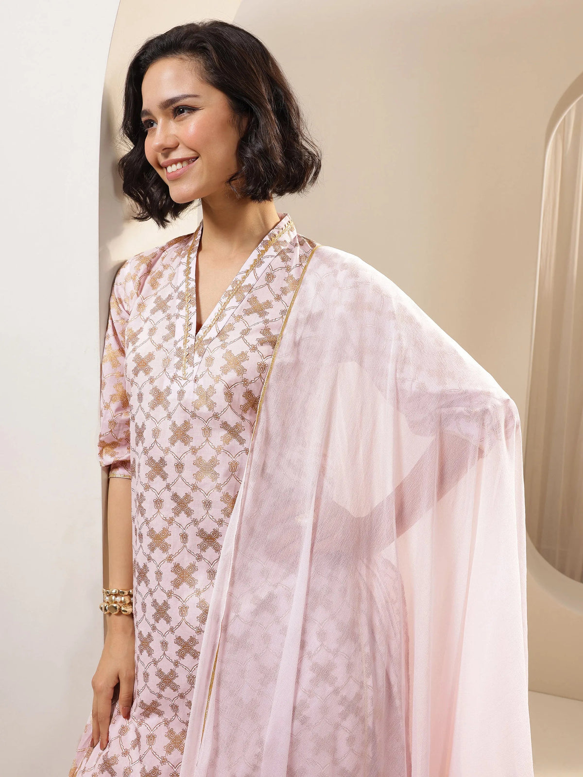 Libas Pink Printed Cotton Straight Suit Sets With Dupatta