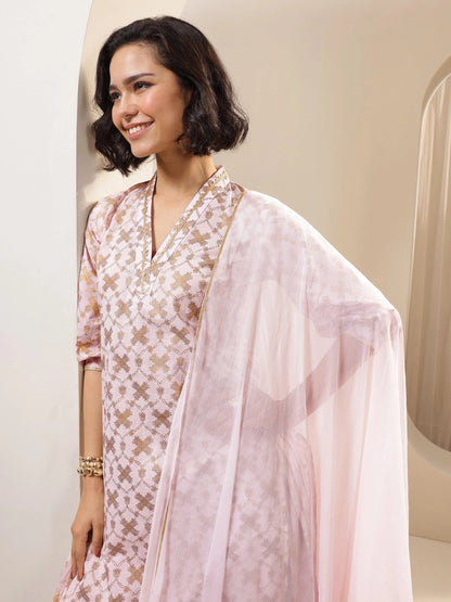 Libas Pink Printed Cotton Straight Suit Sets With Dupatta