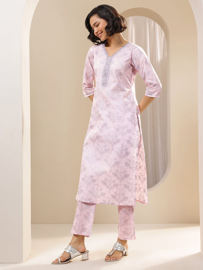 Libas Pink Printed Cotton Straight Suit Sets With Dupatta