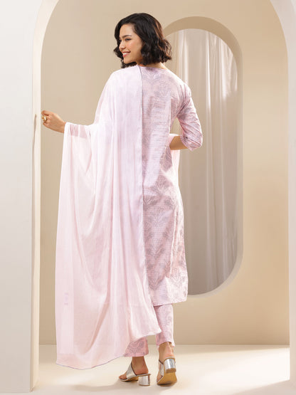 Libas Pink Printed Cotton Straight Suit Sets With Dupatta