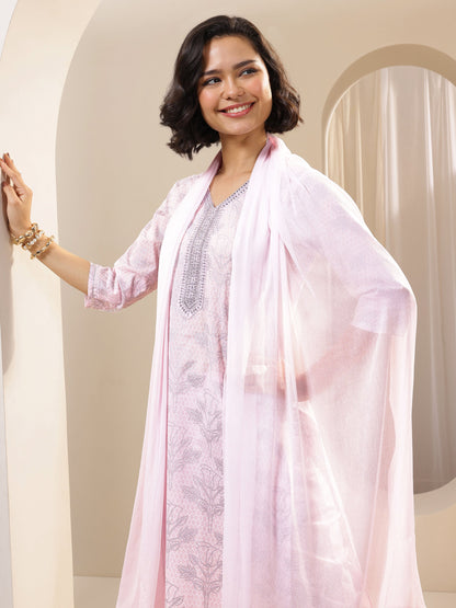 Libas Pink Printed Cotton Straight Suit Sets With Dupatta