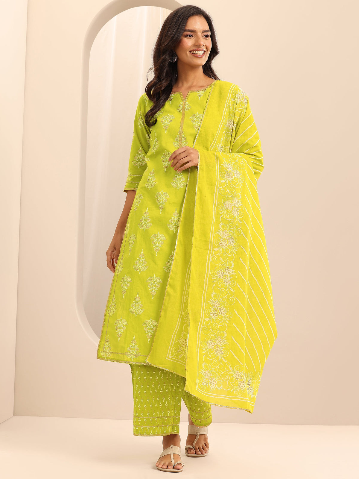 Libas Green Printed Cotton Straight Suit Set With Dupatta