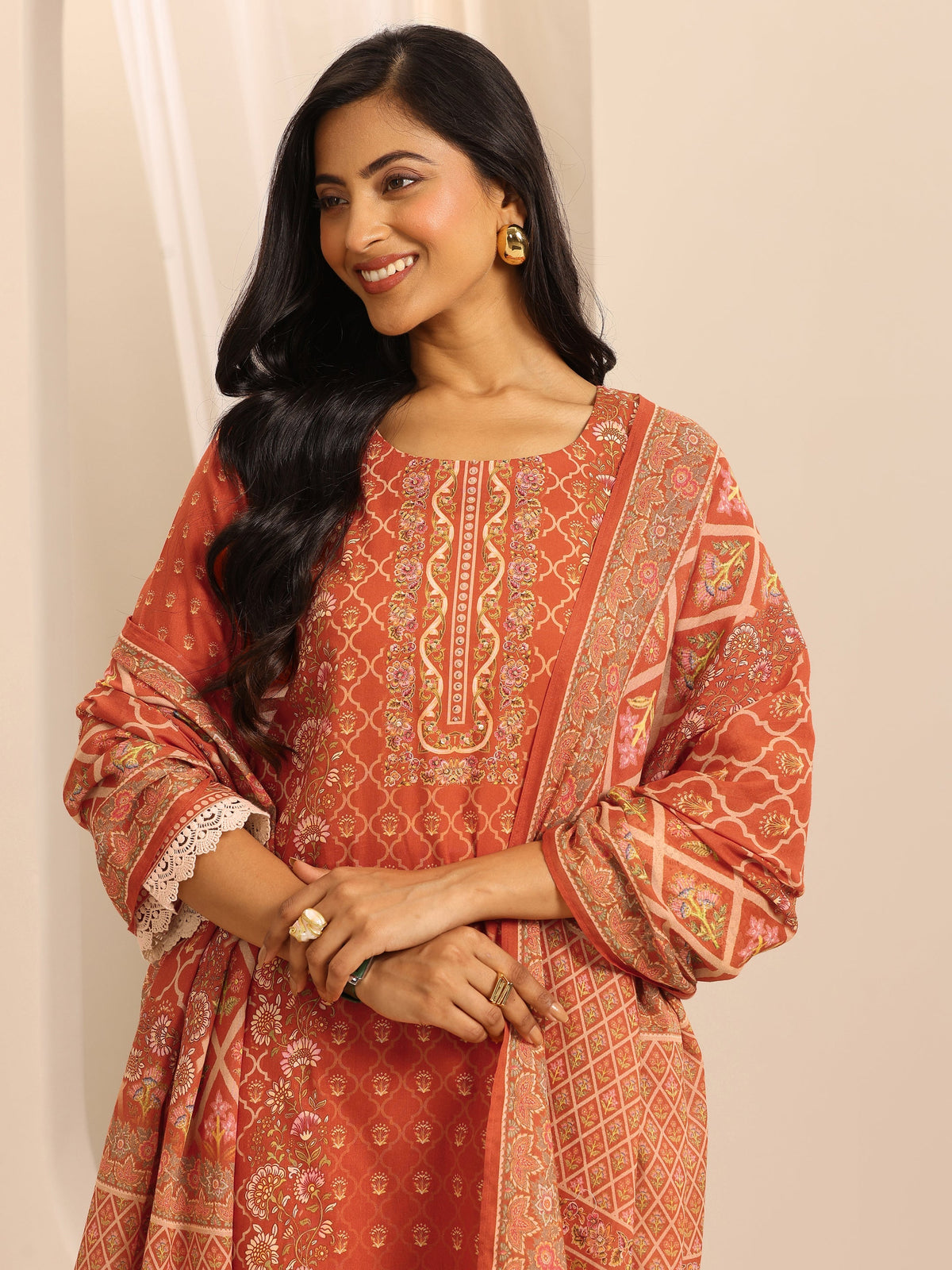 Libas Orange Printed Cotton Blend Straight Suit Set With Dupatta