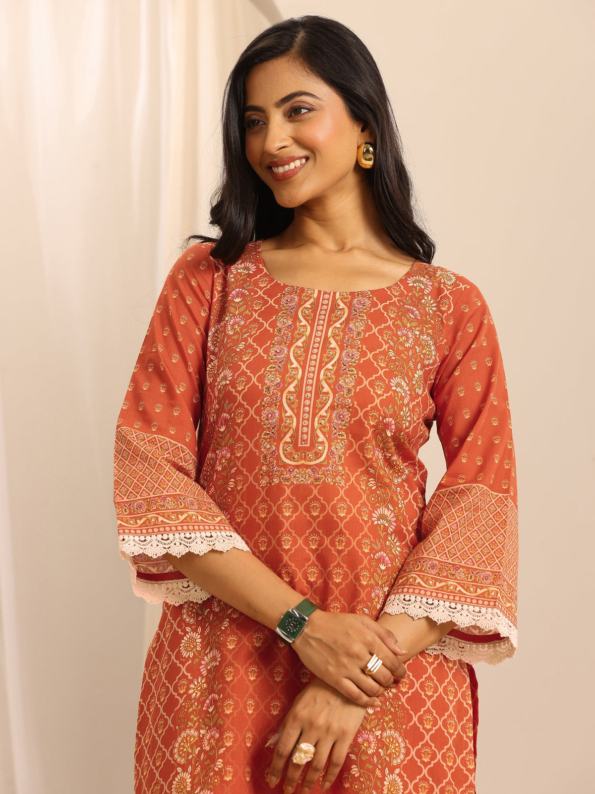 Libas Orange Printed Cotton Blend Straight Suit Set With Dupatta