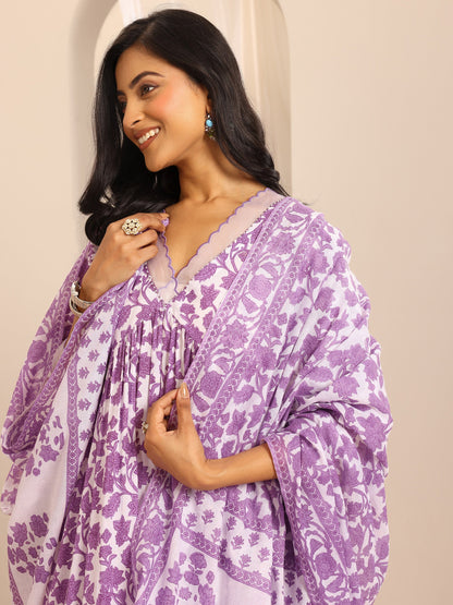 Libas Purple Printed Cotton Blend Anarkali Suit Set With Dupatta