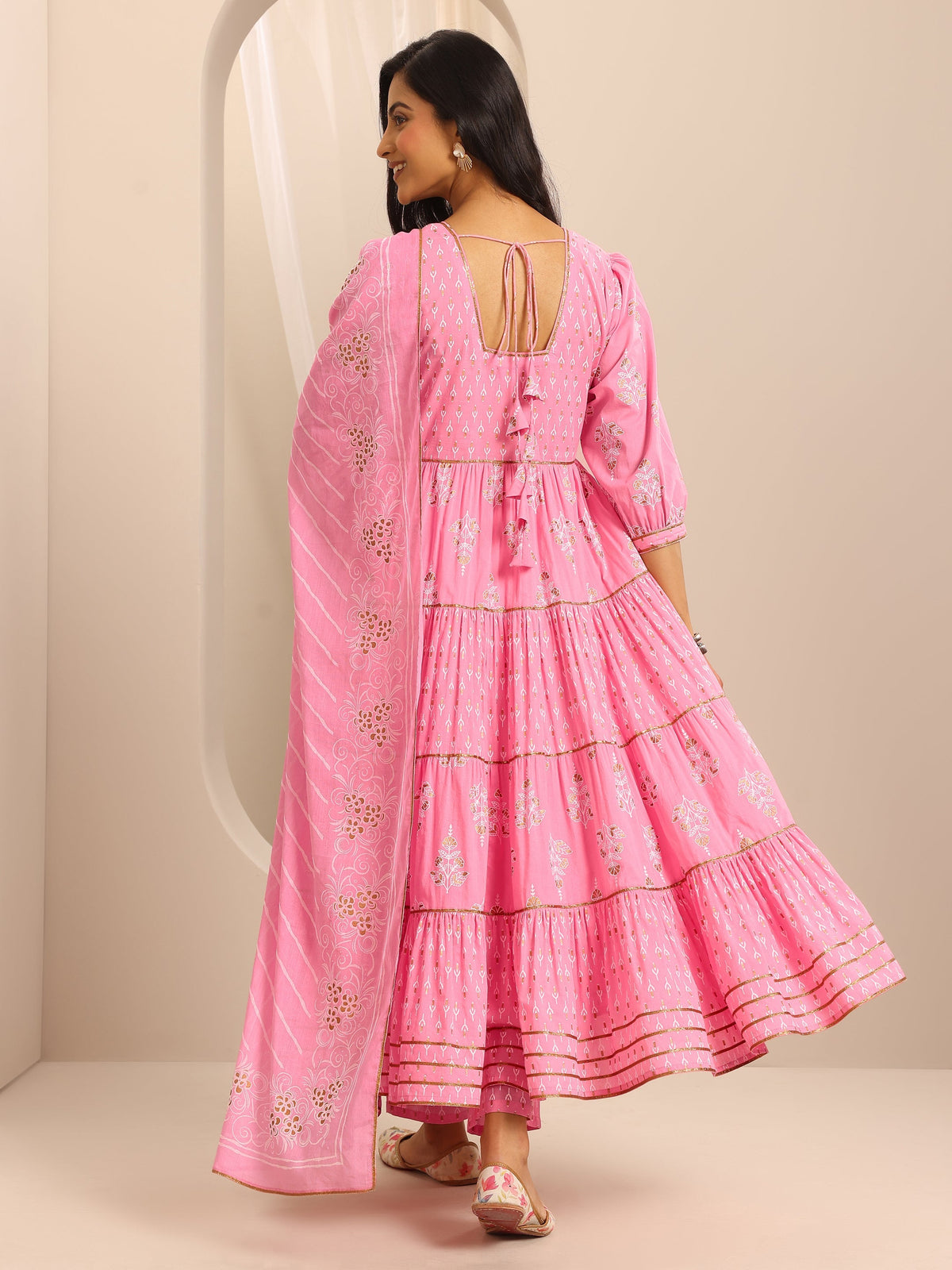 Libas Pink Printed Cotton Blend Anarkali Suit Set With Dupatta