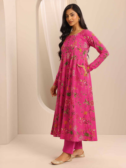 Libas Pink Printed Cotton Blend Anarkali Suit Set With Dupatta