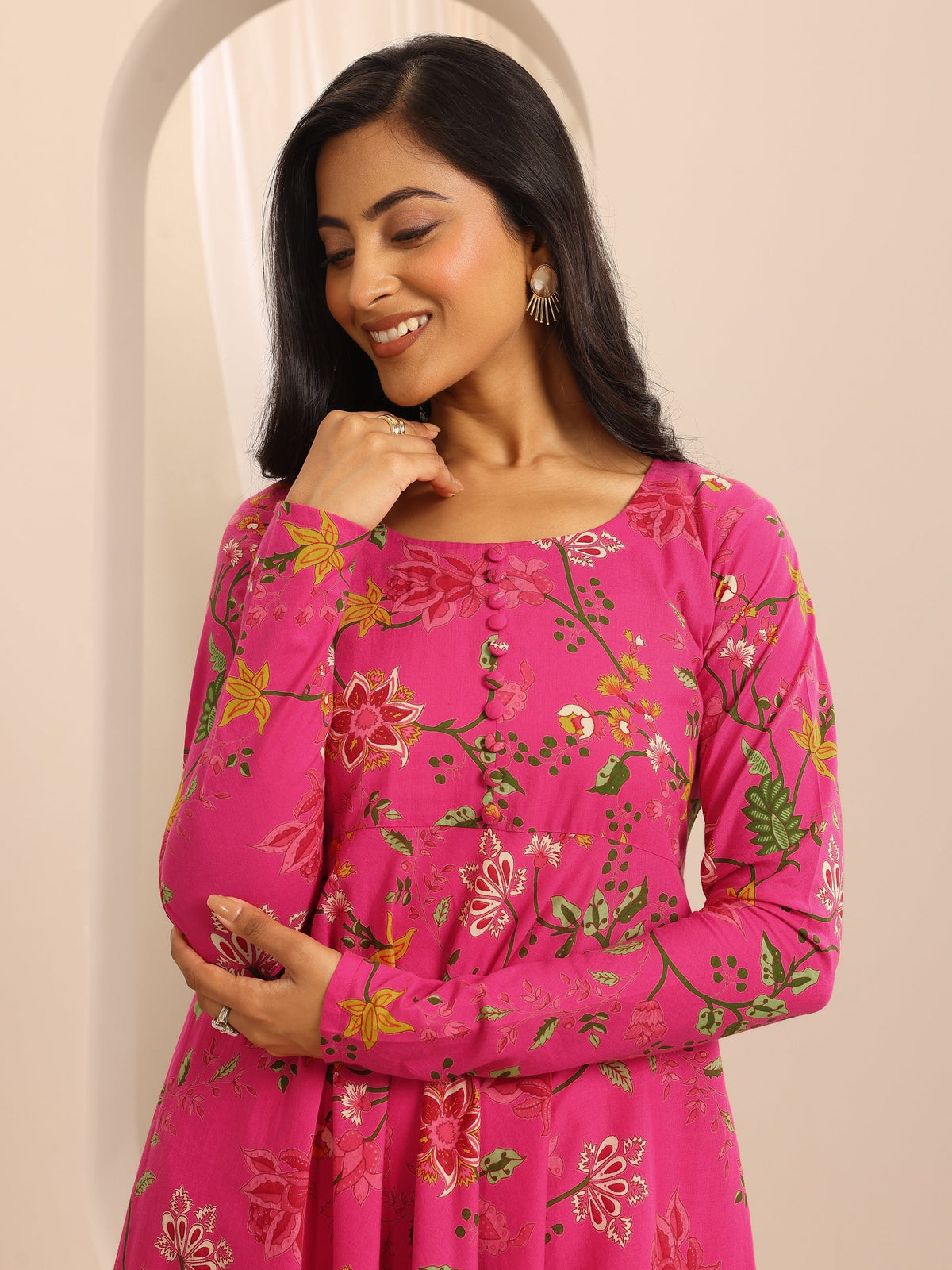 Libas Pink Printed Cotton Blend Anarkali Suit Set With Dupatta