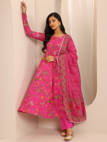 Libas Pink Printed Cotton Blend Anarkali Suit Set With Dupatta