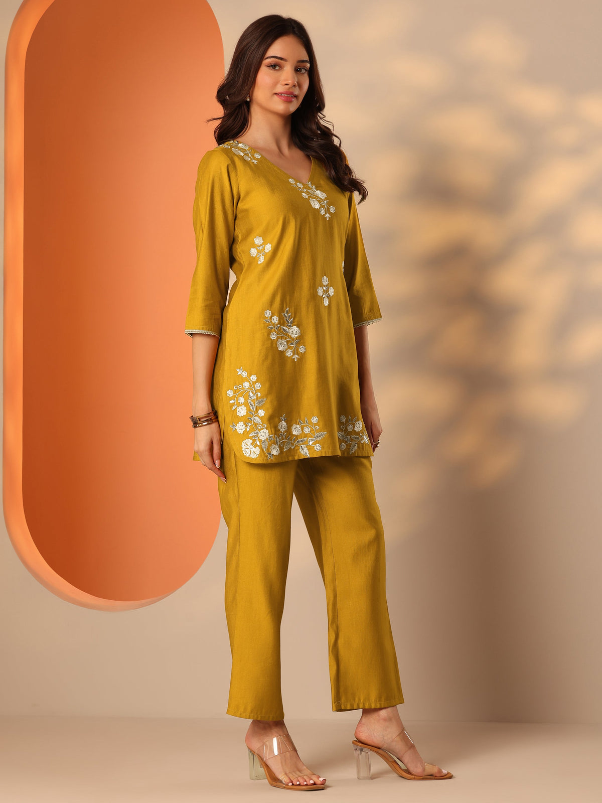 Libas Mustard Embroidered Silk Blend Co-Ord Sets