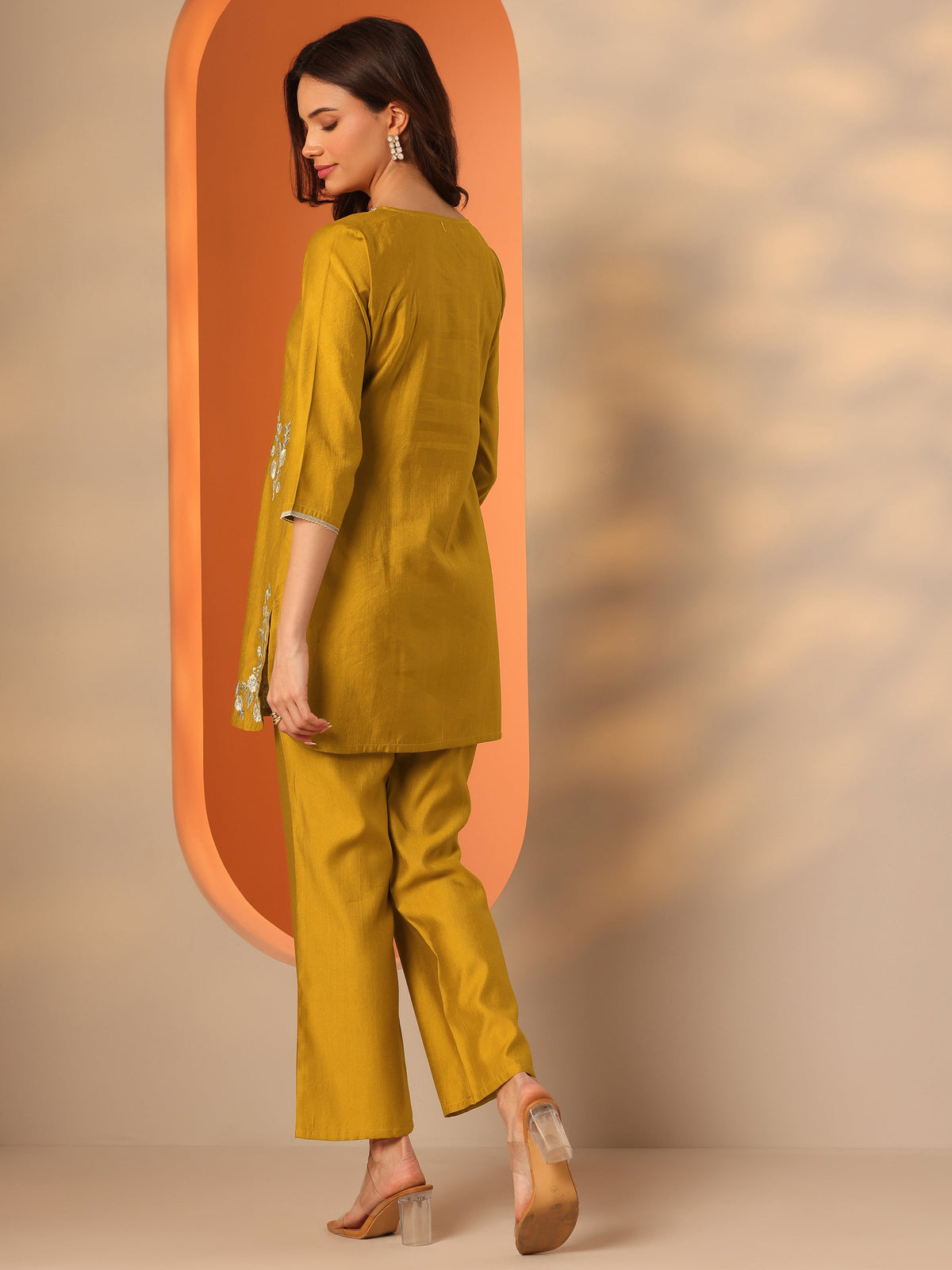 Libas Mustard Embroidered Silk Blend Co-Ord Sets