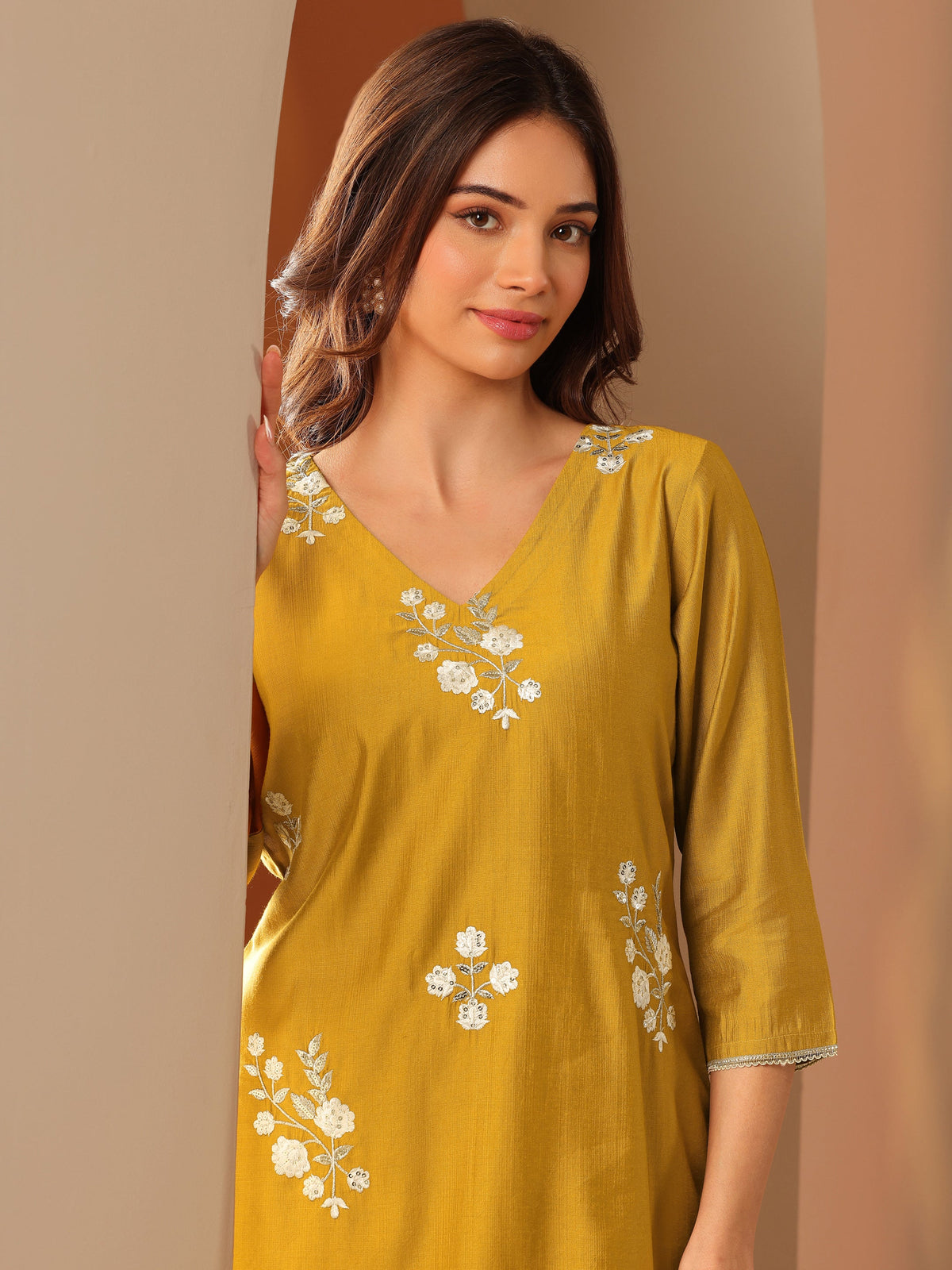 Libas Mustard Embroidered Silk Blend Co-Ord Sets