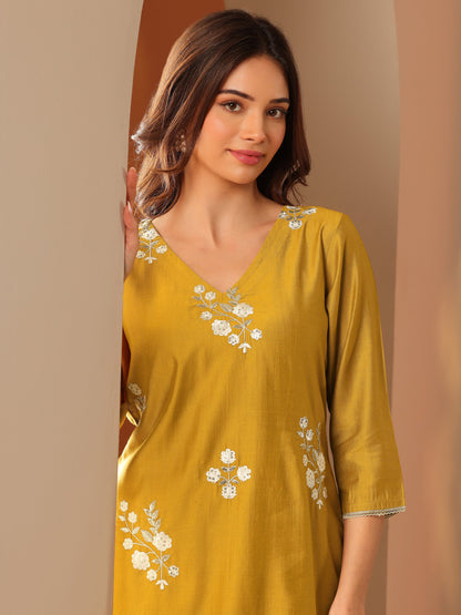 Libas Mustard Embroidered Silk Blend Co-Ord Sets