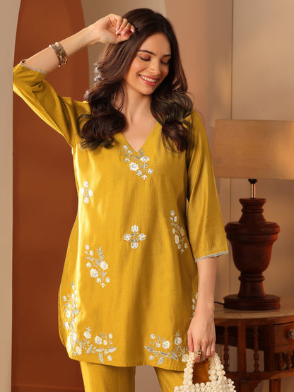 Libas Mustard Embroidered Silk Blend Co-Ord Sets