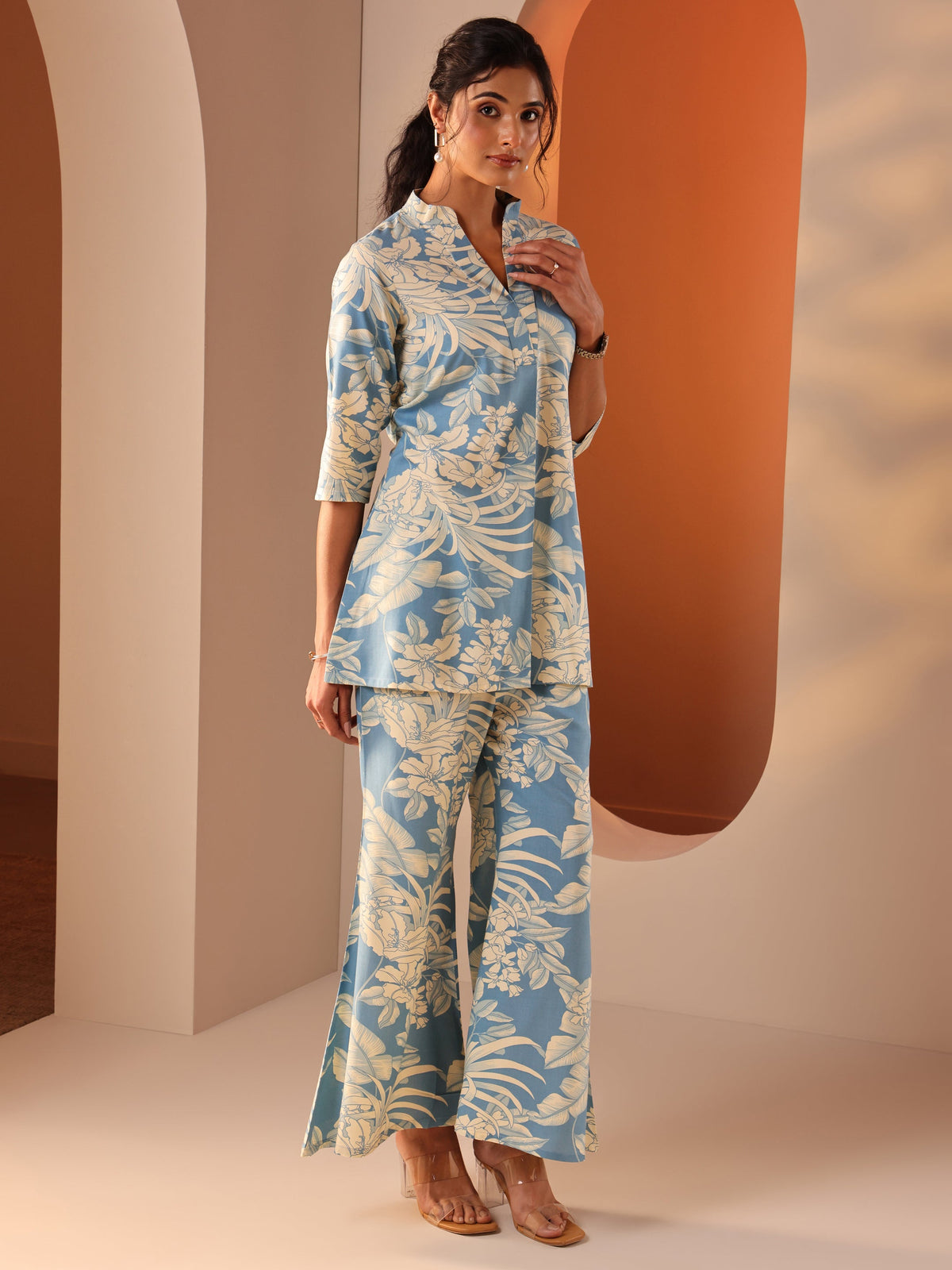 Libas Blue Printed Rayon Straight Co-Ord Sets