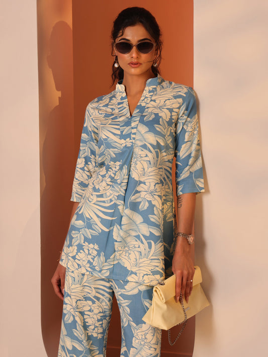 Libas Blue Printed Rayon Straight Co-Ord Sets