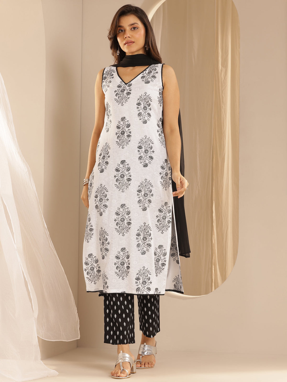 Gerua White Printed Rayon Straight Suit Set With Dupatta