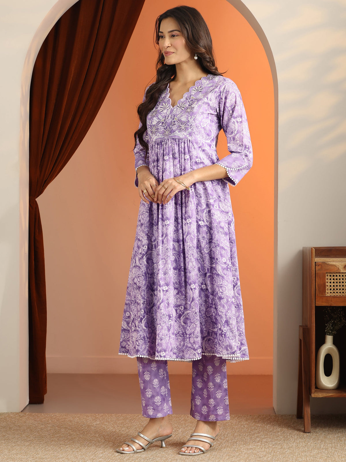 Libas Purple Printed Cotton A-Line Suit Set With Dupatta