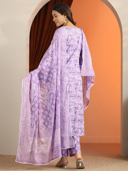 Libas Purple Printed Cotton A-Line Suit Set With Dupatta
