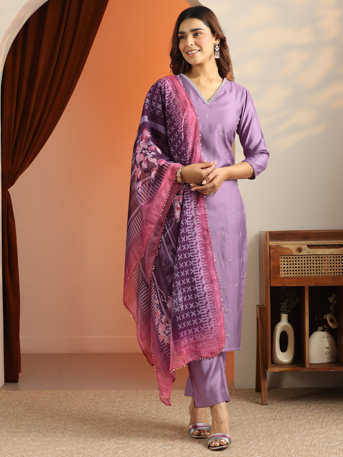 Libas Mauve Embroidered Silk Blend Straight Suit Set With Dupatta