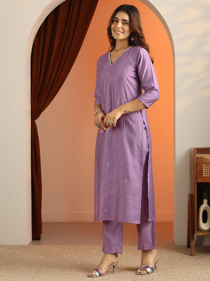Libas Mauve Embroidered Silk Blend Straight Suit Set With Dupatta