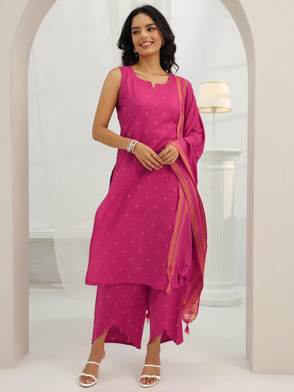 Libas Pink Woven Design Cotton Blend Straight Suit Set With Dupatta