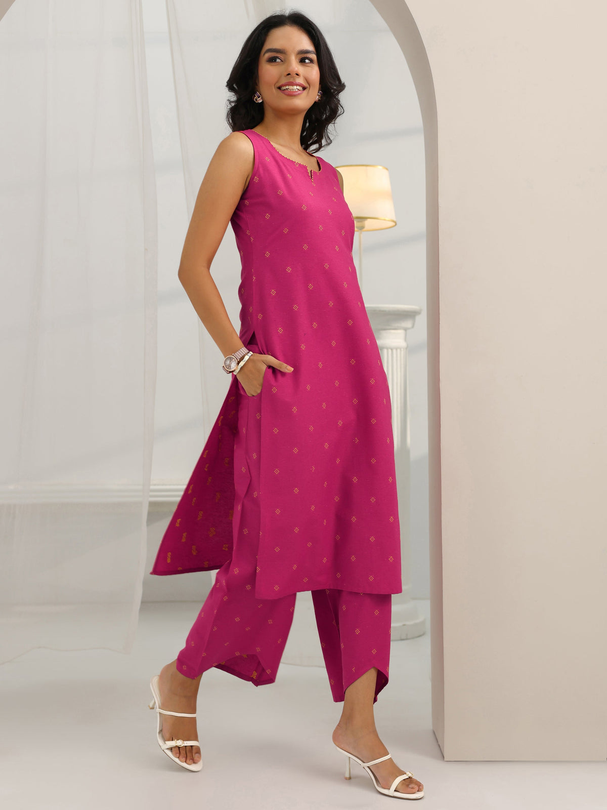 Libas Pink Woven Design Cotton Blend Straight Suit Set With Dupatta