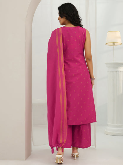 Libas Pink Woven Design Cotton Blend Straight Suit Set With Dupatta