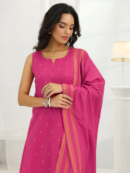 Libas Pink Woven Design Cotton Blend Straight Suit Set With Dupatta