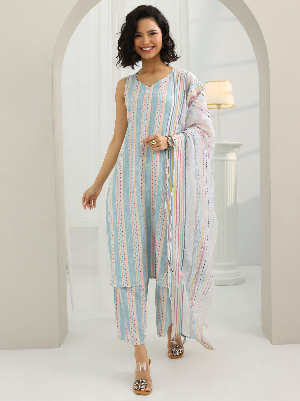Libas Blue Woven Design Cotton Blend Straight Suit Set With Dupatta