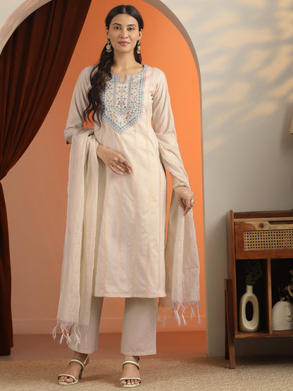 Libas Off White Embroidered Cotton Blend Straight Suit Set With Dupatta