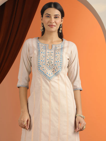 Libas Off White Embroidered Cotton Blend Straight Suit Set With Dupatta
