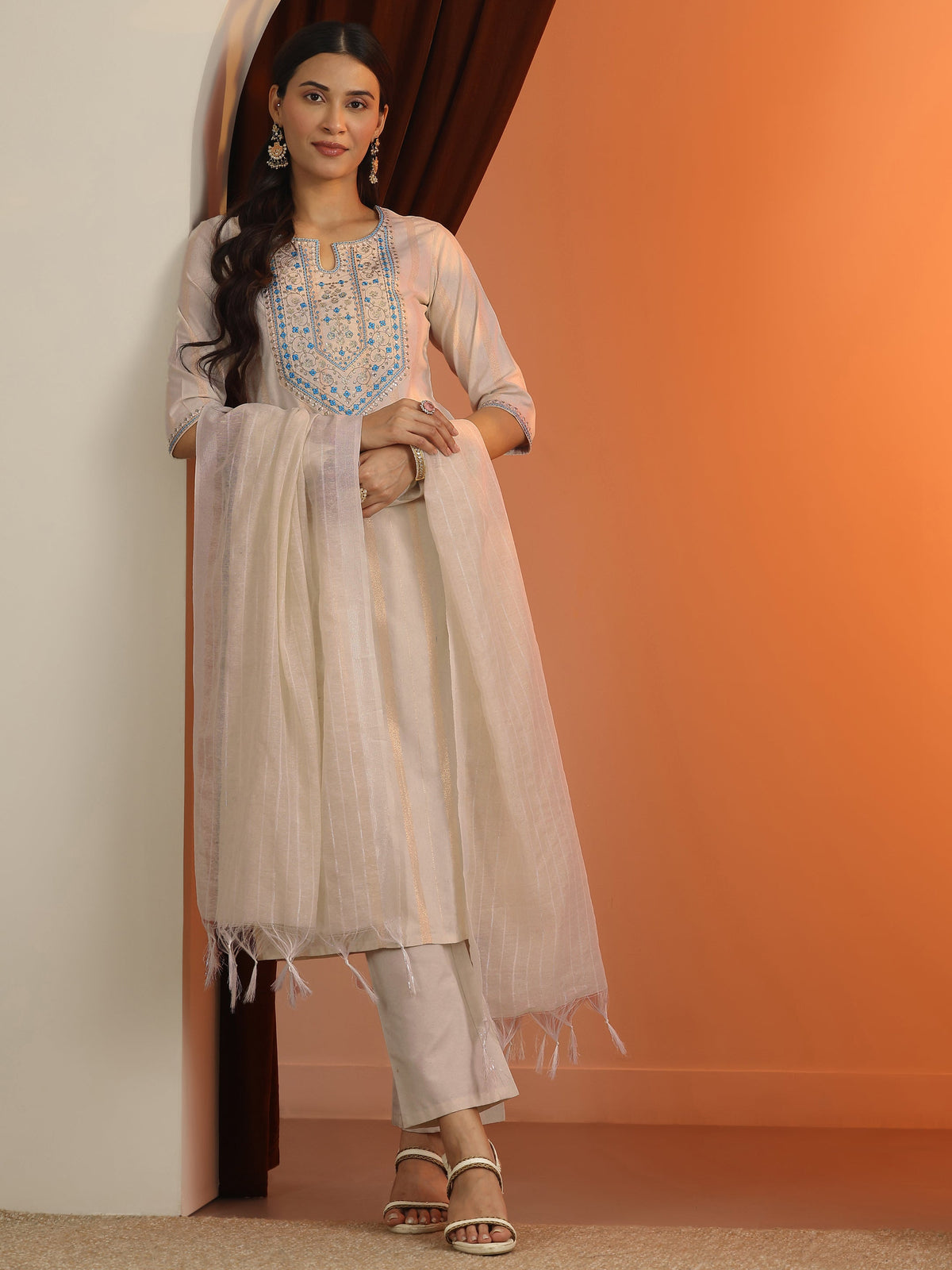 Libas Off White Embroidered Cotton Blend Straight Suit Set With Dupatta